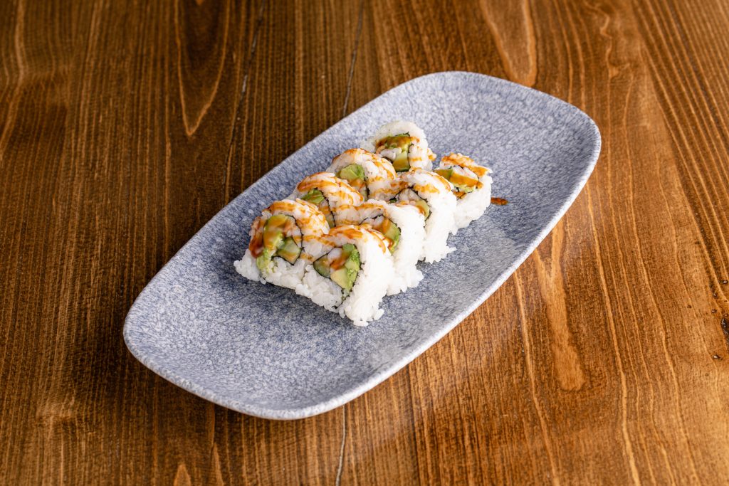 Ebi, cucumber and avocado inside, topped with a special gluten-free sauce