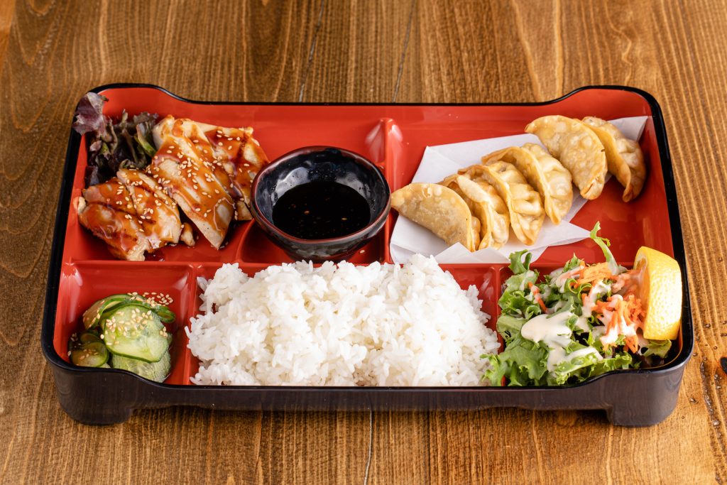 Special Bento #1: Chicken teriyaki & crispy gyoza. Includes steamed rice & salad