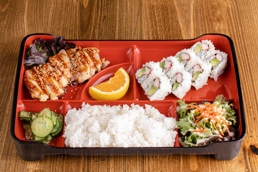 Chicken teriyaki & California roll. Includes steamed rice & salad