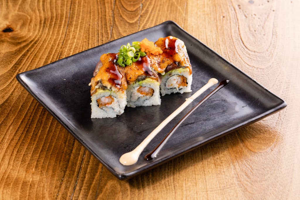 Eel, seared tuna, panko shrimp, crab mix, avocado, jalapenos, sauce, torched, masago, green onion