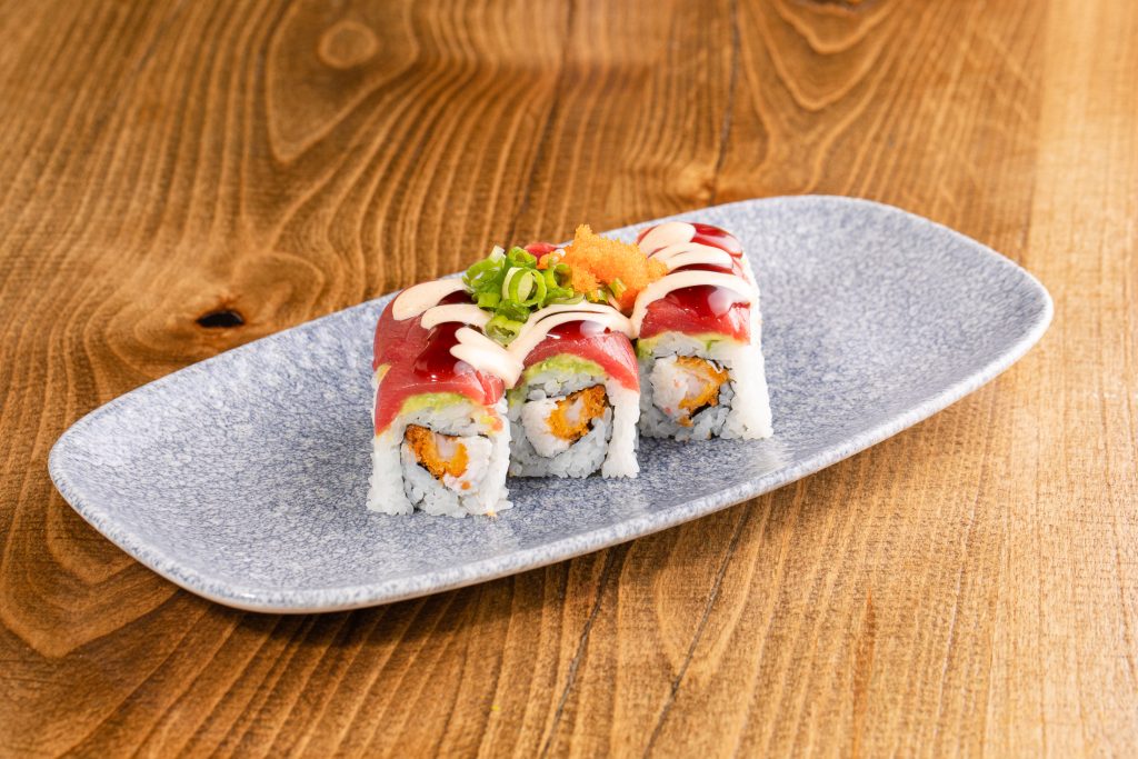 Panko shrimp, crab mix, avocado, tuna, sauce, masago, green onion