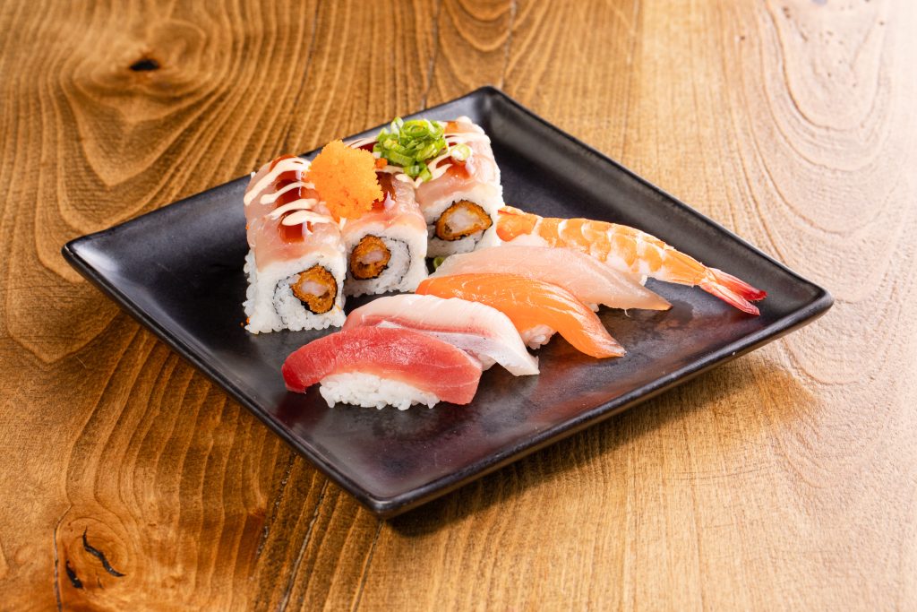 Nigiri (5pc.): tuna, fresh salmon, white tuna, shrimp, yellowtail and Iron Chef roll (panko shrimp, white tuna, sauce, masago, onion)