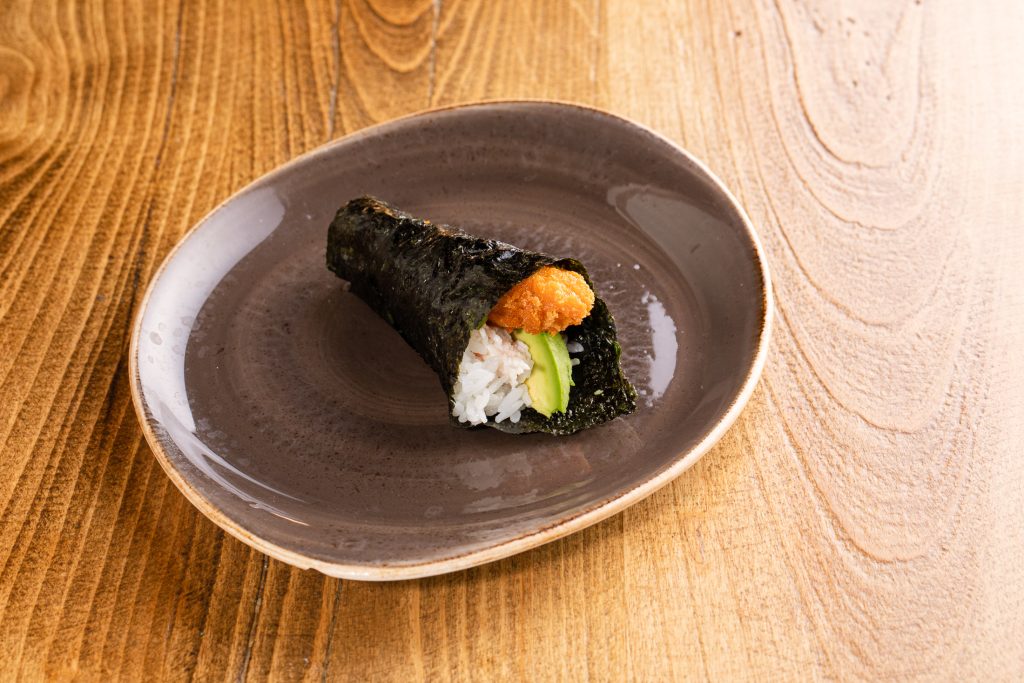 Panko shrimp, avocado, crab mix, sauce, masago, onion