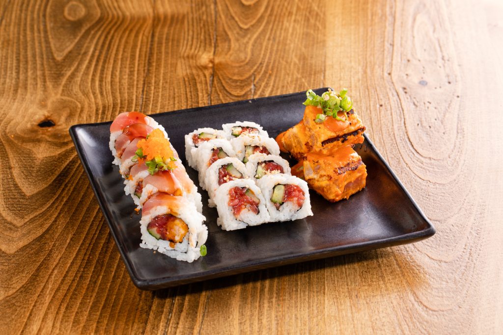 3pc. BBQ white tuna, spicy tuna roll, Midtown roll
