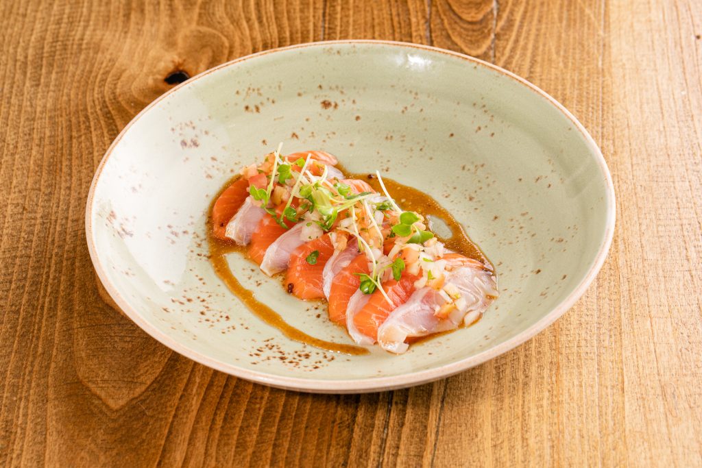 Thinly sliced raw white fish, salmon, truffle wasabi sauce, kaiware, Mikuni salsa