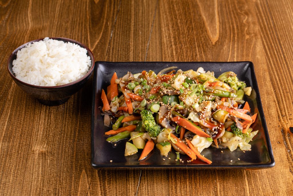 Stir fried vegetables, teriyaki sauce with a side of white rice
