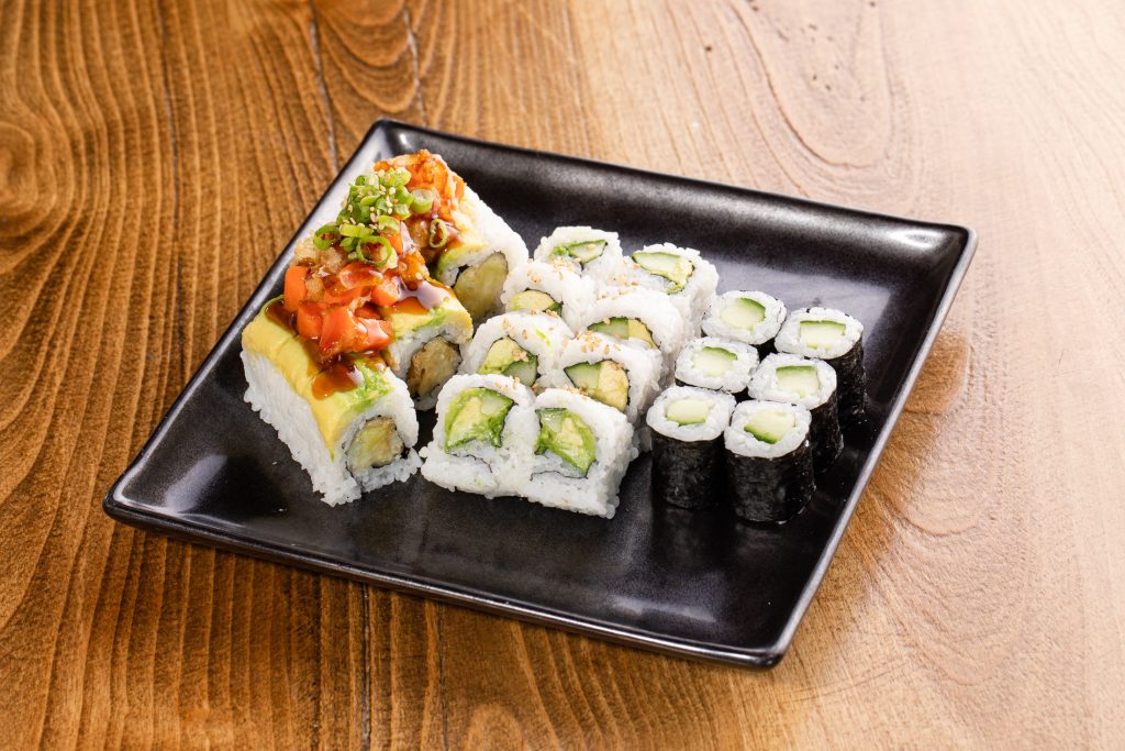 Chef’s choice selection of three different vegetable rolls, seasonal mix