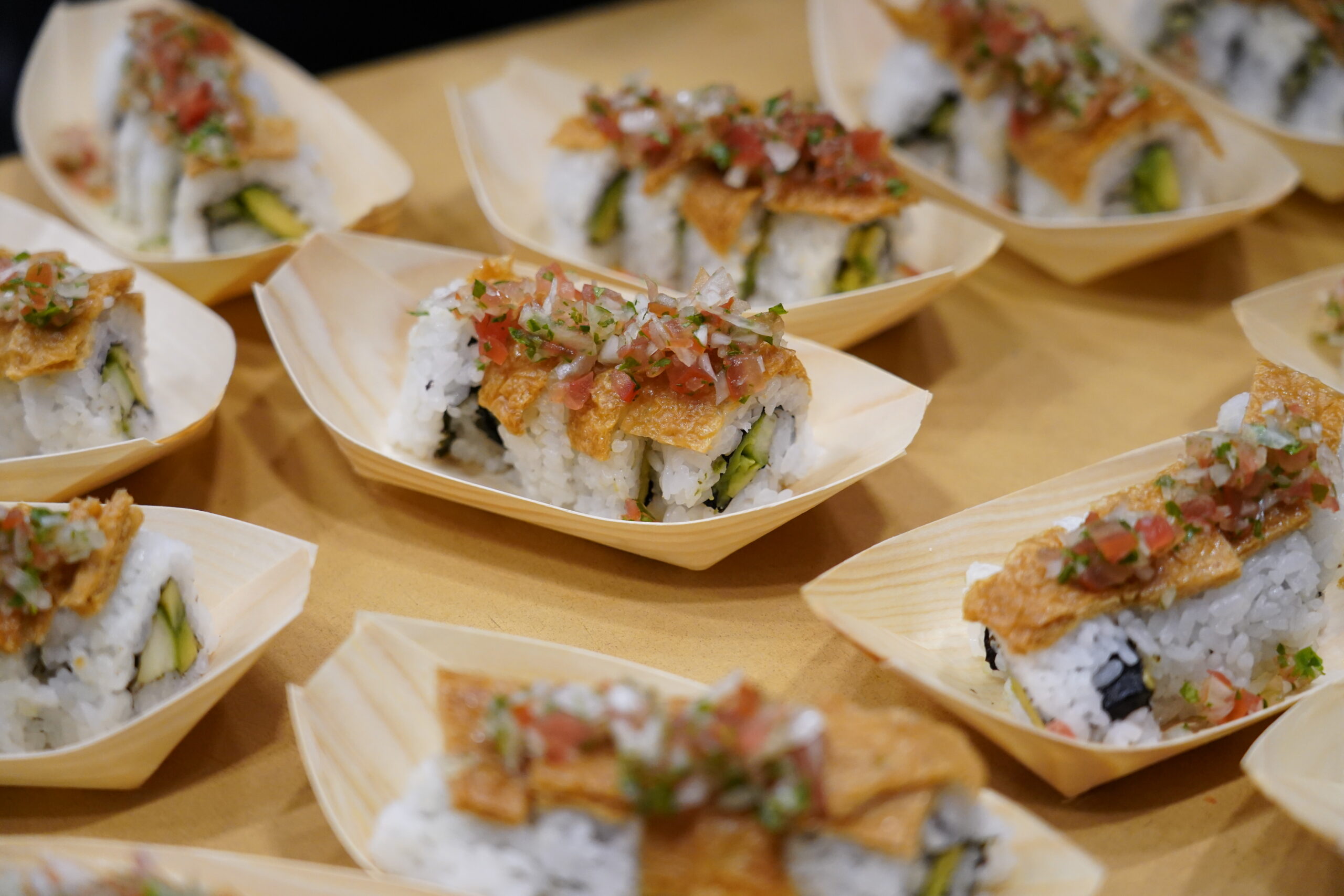 several sushi on mini boat plate